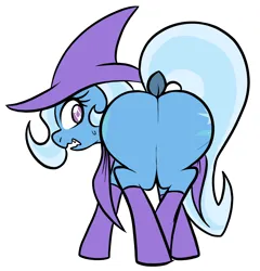 Size: 1668x1738 | Tagged: suggestive, artist:steelsoul, derpibooru import, trixie, pony, unicorn, both cutie marks, butt, cape, clothes, dock, hat, image, looking at you, looking back, open mouth, plot, png, socks, sweat, sweatdrop, tail, the great and powerful ass, trixie's cape, trixie's hat, worried