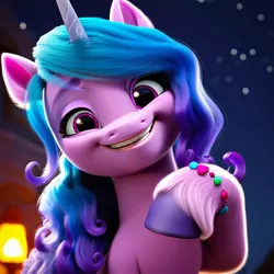 Size: 4096x4096 | Tagged: safe, ai content, derpibooru import, machine learning generated, prompter:bartp98, stable diffusion, izzy moonbow, pony, unicorn, g5, adorable face, blurry background, bracelet, cute, generator:pony diffusion v6 xl, generator:purplesmart.ai, image, izzybetes, jewelry, jpeg, looking at you, night, raised hoof, smiling, smiling at you, solo