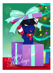 Size: 3654x5001 | Tagged: safe, artist:jhayarr23, derpibooru import, oc, oc:night reader, unofficial characters only, bat pony, hybrid, unicorn, bat pony oc, bat wings, bow, chest fluff, christmas, clothes, commission, holiday, horn, hybrid oc, image, png, present, smiling, socks, solo, unicorn oc, wings, ych result
