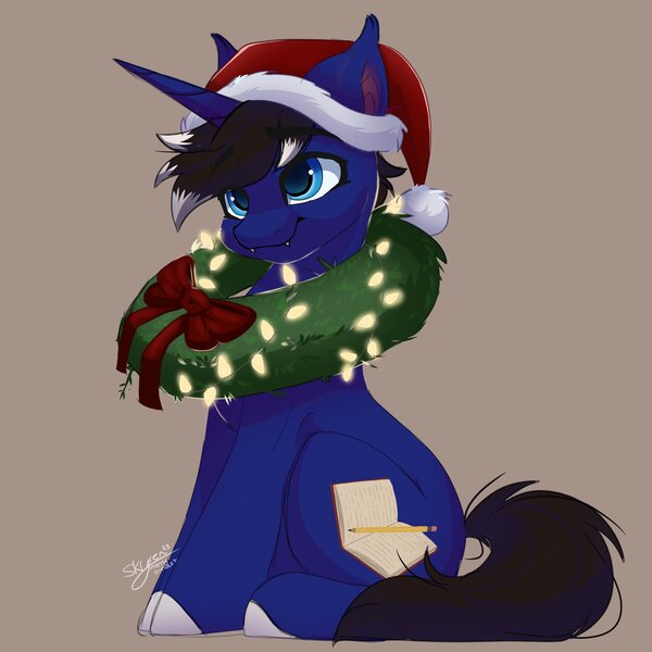 Size: 2000x2000 | Tagged: safe, artist:skyboundsiren, derpibooru import, oc, oc:night reader, unofficial characters only, bat pony, hybrid, unicorn, bat pony oc, bat wings, bow, christmas, christmas lights, cute, hat, holiday, horn, hybrid oc, image, jpeg, santa hat, unicorn oc, wings, wreath