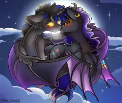 Size: 2451x2080 | Tagged: safe, alternate version, artist:yuris, derpibooru import, oc, oc:iahkhet, oc:lance, unofficial characters only, alicorn, bat pony, pony, alternate character, blushing, clothes, ears up, female, floppy ears, flying, full moon, image, imminent kissing, male, moon, night, png, shipping, sky, straight