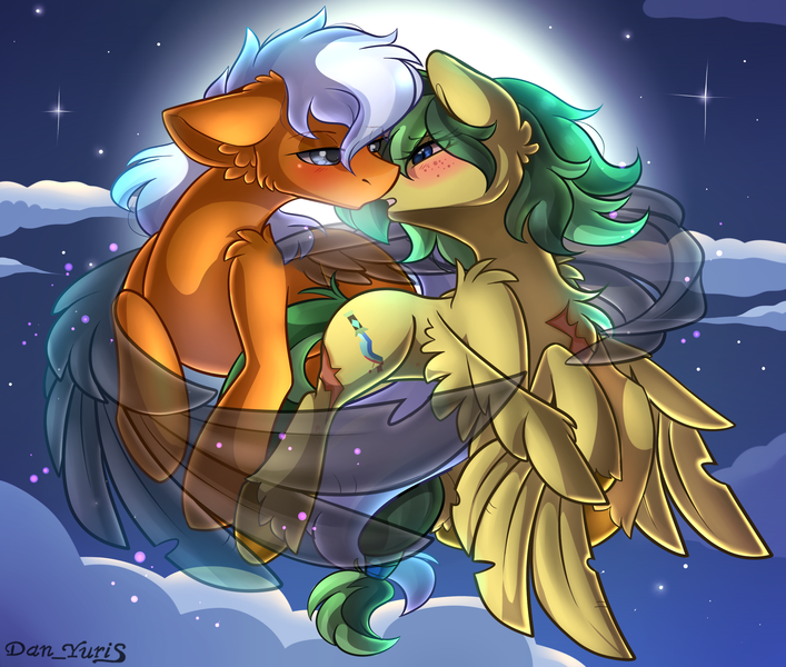 Size: 2451x2080 | Tagged: safe, alternate version, artist:yuris, derpibooru import, oc, oc:forlex, oc:misa amore, unofficial characters only, earth pony, pegasus, pony, alternate character, blushing, clothes, ears up, female, floppy ears, flying, full moon, image, imminent kissing, magic, male, moon, night, png, shipping, sky