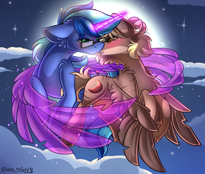 Size: 2451x2080 | Tagged: safe, alternate version, artist:yuris, derpibooru import, oc, oc:amy, oc:blue cola, unofficial characters only, pegasus, pony, unicorn, alternate character, blushing, clothes, ears up, female, floppy ears, flying, full moon, glasses, image, imminent kissing, magic, male, moon, night, png, shipping, sky, straight