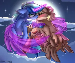 Size: 2451x2080 | Tagged: safe, alternate version, artist:yuris, derpibooru import, oc, oc:amy, oc:blue cola, unofficial characters only, pegasus, pony, unicorn, alternate character, blushing, clothes, ears up, female, floppy ears, flying, full moon, glasses, image, imminent kissing, magic, male, moon, night, png, shipping, sky, straight