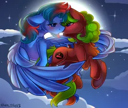 Size: 2451x2080 | Tagged: safe, alternate version, artist:yuris, derpibooru import, oc, unofficial characters only, pegasus, pony, alternate character, blushing, clothes, ears up, female, floppy ears, flying, full moon, image, imminent kissing, lesbian, male, moon, night, png, shipping, sky, straight