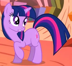 Size: 548x502 | Tagged: safe, derpibooru import, screencap, twilight sparkle, pony, unicorn, season 2, the return of harmony, cropped, cute, female, g4, image, mare, png, raised hoof, standing, turned head, twiabetes, unicorn twilight