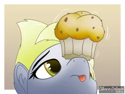 Size: 2880x2160 | Tagged: safe, artist:etheria galaxia, derpibooru import, derpy hooves, pony, :p, ear fluff, food, g4, gradient background, image, muffin, png, tongue out, watermark