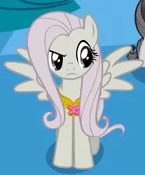 Size: 331x399 | Tagged: safe, derpibooru import, screencap, fluttershy, pegasus, pony, season 2, the return of harmony, cropped, discorded, element of kindness, eyebrows, female, flutterbitch, fluttercruel, front view, g4, image, looking at someone, mare, offscreen character, png, raised eyebrow, spread wings, wings
