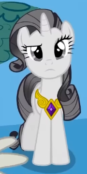 Size: 180x358 | Tagged: safe, derpibooru import, screencap, rarity, pony, unicorn, season 2, the return of harmony, cropped, element of generosity, eyebrows, female, front view, g4, greedity, image, looking at someone, mare, offscreen character, png, raised eyebrow, standing
