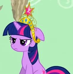 Size: 429x436 | Tagged: safe, derpibooru import, screencap, twilight sparkle, pony, unicorn, season 2, the return of harmony, annoyed, big crown thingy, cropped, element of magic, female, floppy ears, g4, image, jewelry, looking at someone, mare, offscreen character, png, regalia, sitting, solo, unicorn twilight
