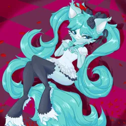 Size: 750x750 | Tagged: safe, artist:umbrapone, derpibooru import, anthro, artwork redraw, bow, clothes, dress, fanart, fangs, frilly dress, hair bow, hatsune miku, image, jpeg, long hair, long tail, lying down, on back, petals, ribbon, skirt, socks, tail, thigh highs, vocaloid