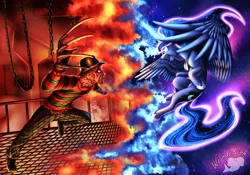 Size: 2048x1434 | Tagged: semi-grimdark, artist:weirdofish, derpibooru import, princess luna, alicorn, angry, chains, dream walker luna, fight, fire, freddy krueger, image, jpeg, nightmare on elm street