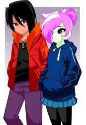 Size: 1004x1452 | Tagged: safe, artist:nekojackun, artist:rosemile mulberry, derpibooru import, oc, oc:red soul, oc:rosemile mulberry, unofficial characters only, human, equestria girls, clothes, collaboration, g4, hair bun, hoodie, image, jacket, png, skirt