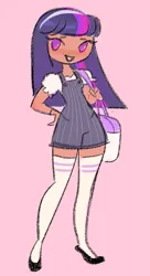Size: 553x1013 | Tagged: safe, artist:shugrcube, derpibooru import, twilight sparkle, human, clothes, female, grin, hand on hip, humanized, image, looking at you, overalls, pink background, png, simple background, smiling, smiling at you, socks, solo, stockings, tan skin, thigh highs