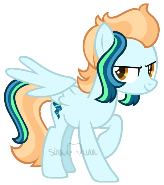 Size: 1041x1173 | Tagged: safe, artist:sinamuna, derpibooru import, oc, oc:flashbang, unofficial characters only, pegasus, pony, au:mewverse next gen, base used, blue hair, cutie mark, female to male, green hair, image, male, next generation, orange eyes, orange hair, parent:lightning dust, parent:rainbow dash, png, rule 63, smiling, smirk, solo, striped hair, transgender