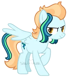 Size: 1041x1173 | Tagged: safe, artist:sinamuna, derpibooru import, oc, oc:flashbang, unofficial characters only, pegasus, pony, au:mewverse next gen, base used, blue hair, cutie mark, female to male, green hair, image, male, next generation, orange eyes, orange hair, parent:lightning dust, parent:rainbow dash, png, rule 63, smiling, smirk, solo, striped hair, transgender