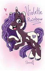 Size: 1200x1894 | Tagged: safe, artist:shauna j. grant, derpibooru import, violette rainbow, pony, unicorn, g5, 2023, blush lines, blushing, dreadlocks, female, filly, floating heart, foal, hair over one eye, heart, horn, image, jpeg, looking at you, open mouth, open smile, rearing, signature, smiling, solo, sparkly eyes, tail, unshorn fetlocks, vitiligo, wingding eyes