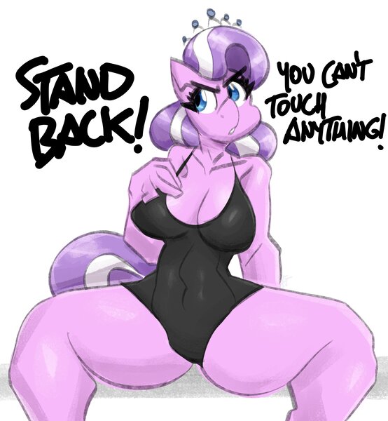 Size: 3000x3250 | Tagged: suggestive, artist:flutterthrash, derpibooru import, diamond tiara, anthro, earth pony, big breasts, black swimsuit, breasts, busty diamond tiara, cleavage, clothes, dialogue, female, g4, image, jpeg, older, older diamond tiara, one-piece swimsuit, simple background, solo, solo female, spread legs, spreading, swimsuit, talking to viewer, tight clothing, white background
