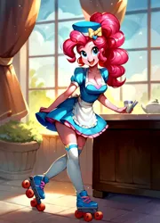 Size: 2156x3000 | Tagged: safe, ai content, anonymous prompter, derpibooru import, machine learning generated, stable diffusion, pinkie pie, human, equestria girls, equestria girls series, clothes, dress, g4, generator:pony diffusion v6 xl, humanized, image, jpeg, roller skates, schrödinger's pantsu, server pinkie pie, skates, solo