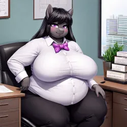 Size: 1024x1024 | Tagged: safe, ai content, derpibooru import, machine learning generated, stable diffusion, octavia melody, anthro, earth pony, series:office ponies, bbw, belly, big belly, blushing, bowtie, breasts, busty octavia melody, clothes, derpibooru exclusive, fat, g4, image, obese, office, png, prompter:professordoctorc, shirt, sitting, smiling, thighs, thunder thighs, wide hips