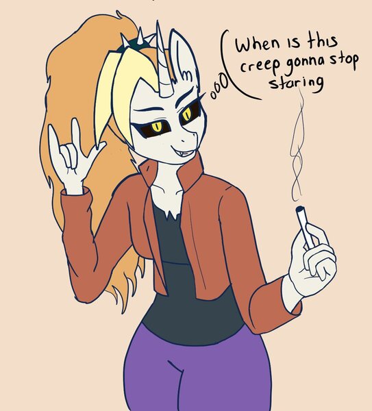 Size: 1571x1735 | Tagged: safe, artist:peel_a_na, derpibooru import, oc, oc:dyx, unofficial characters only, anthro, dialogue, image, jpeg, simple background, smoking, solo