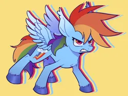 Size: 2048x1536 | Tagged: safe, artist:compyuter, derpibooru import, rainbow dash, pegasus, pony, alternate hairstyle, chest fluff, colored ear fluff, colored eartips, colored hooves, colored wings, cutie mark, ear fluff, ear tufts, eyelashes, female, g4, glare, gradient ears, gradient wings, gritted teeth, image, mare, mohawk, narrowed eyes, outline, pink eyes, png, shiny hoof, signature, simple background, solo, spread wings, standing, teeth, two toned wings, unshorn fetlocks, wide stance, wingding eyes, wings, yellow background