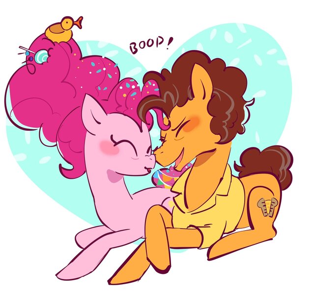 Size: 2048x1942 | Tagged: safe, artist:raehanim, derpibooru import, cheese sandwich, pinkie pie, earth pony, pony, blushing, boop, cheesepie, duo, duo male and female, eyes closed, female, heart, image, jpeg, male, mare, noseboop, older, older cheese sandwich, older pinkie pie, open mouth, open smile, shipping, smiling, stallion, straight