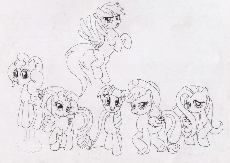 Size: 2949x2081 | Tagged: safe, artist:angeldelaverdad, derpibooru import, applejack, fluttershy, pinkie pie, rainbow dash, rarity, twilight sparkle, earth pony, pegasus, pony, unicorn, female, high res, image, jpeg, lineart, mane six, mare, monochrome, simple background, traditional art, unicorn twilight, white background