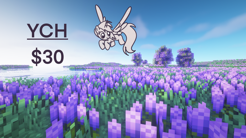 Size: 1366x768 | Tagged: safe, artist:rjin, derpibooru import, lavender bloom, oc, alicorn, earth pony, pegasus, pony, unicorn, any gender, any race, atmosphere, brony, cloud, commission, cute, field, flower, flying, horn, image, lavender, looking down, minecraft, minecraft pixel art, pixel art, png, sketch, sky, solo, sunrise, wings, ych sketch, your character here