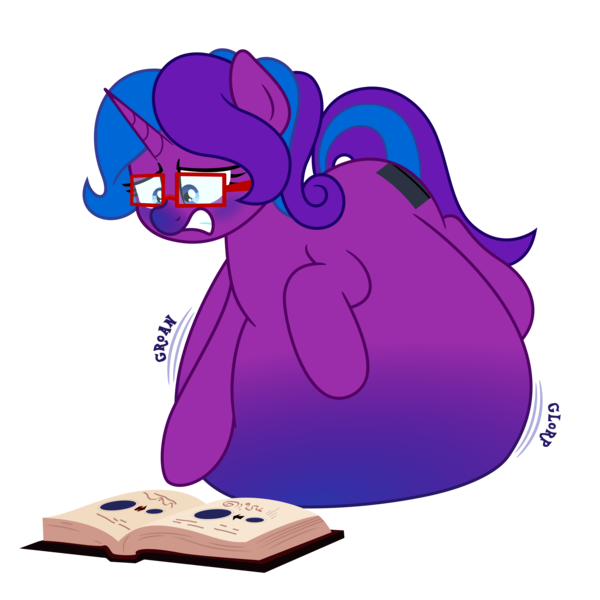 Size: 3000x3000 | Tagged: questionable, artist:worstsousaphonehorse, derpibooru import, oc, oc:scribble script, unofficial characters only, pony, unicorn, belly, belly bed, big belly, blueberry inflation, book, female, glasses, gritted teeth, huge belly, image, impossibly large belly, inflation, onomatopoeia, png, reaching, simple background, solo, solo female, teeth, transparent background, vector