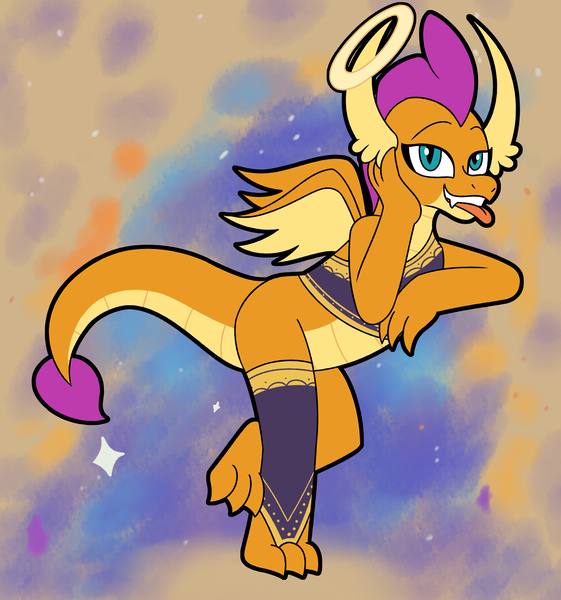 Size: 4500x4809 | Tagged: safe, artist:aaron amethyst, derpibooru import, smolder, dragon, absurd resolution, clothes, female, halo, image, png, socks, solo, tongue out