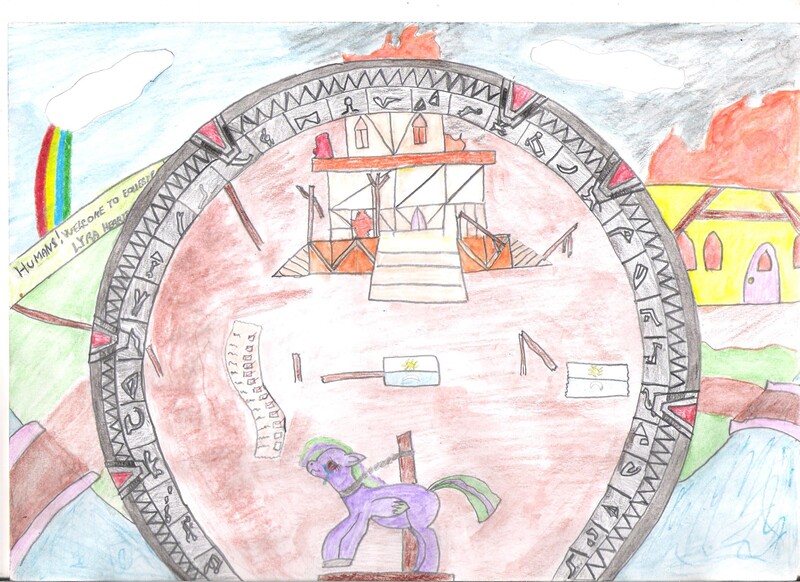 Size: 2338x1700 | Tagged: semi-grimdark, artist:adrifinell, derpibooru import, oc, oc:wooden toaster, pegasus, pony, chained, chains, colored pencil drawing, crying, fire, guillotine, image, implied human, jpeg, ponyville, portal, royal guard, traditional art