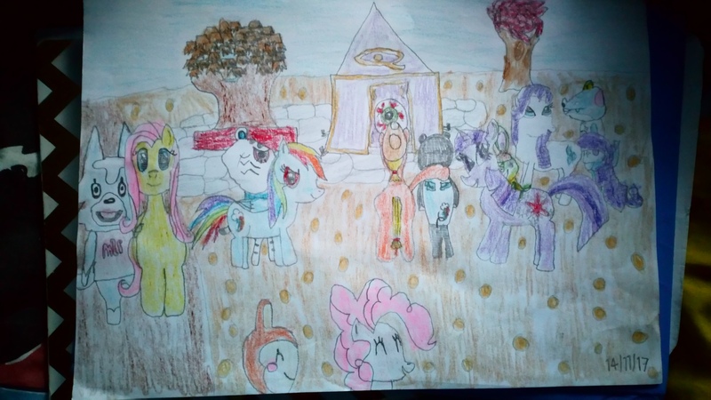 Size: 4208x2368 | Tagged: safe, artist:angellothefox, derpibooru import, applejack, fluttershy, pinkie pie, rainbow dash, rarity, twilight sparkle, earth pony, pegasus, pony, unicorn, animal crossing, crossover, eye of horus, image, jpeg, mane six, traditional art, unicorn twilight