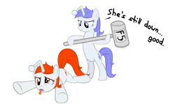 Size: 900x537 | Tagged: safe, artist:fabulouspony, derpibooru import, oc, oc:-discentia, oc:-karma, ponified, pony, unicorn, bipedal, downvote, duo, f5, female, hammer, image, mare, oc-only, png, reddit, simple-background, tired, transparent-background, upvote, vector