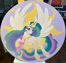 Size: 2048x1976 | Tagged: safe, artist:novadoesarts, derpibooru import, princess celestia, alicorn, pony, female, flying, g4, image, jpeg, looking at you, mare, photo, smiling, solo, spread wings, traditional art, wings