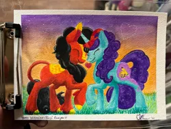 Size: 2048x1536 | Tagged: safe, artist:novadoesarts, derpibooru import, oc, unofficial characters only, kirin, pony, unicorn, eyes closed, female, g4, heart, image, jpeg, mare, photo, smiling, traditional art