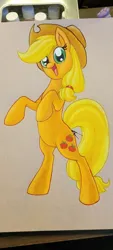 Size: 454x1008 | Tagged: safe, artist:novadoesarts, derpibooru import, applejack, earth pony, pony, female, g4, image, jpeg, looking at you, mare, open mouth, open smile, rearing, smiling, solo, traditional art