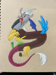 Size: 1536x2048 | Tagged: safe, artist:novadoesarts, derpibooru import, discord, draconequus, g4, image, jpeg, looking at you, male, open mouth, open smile, smiling, solo, spread wings, traditional art, wings