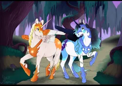Size: 4590x3240 | Tagged: safe, artist:angellsview3, derpibooru import, daybreaker, nightmare moon, oc, horse, clothes, cosplay, costume, duo, fake horn, fake wings, forest, high res, image, looking at each other, looking at someone, nature, non-mlp oc, png, raised hoof, tree