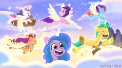 Size: 600x338 | Tagged: safe, derpibooru import, screencap, hitch trailblazer, izzy moonbow, pipp petals, sunny starscout, zipp storm, alicorn, pony, g5, my little pony: a new generation, my little pony: tell your tale, spoiler:g5, spoiler:my little pony: tell your tale, spoiler:tyts02e07, alicornified, applejack (g5), artificial horn, artificial wings, augmented, dream, everyone is an alicorn, fluttershy (g5), gif, gifrun.com, hitchcorn, horn, image, izzycorn, magic, magic horn, magic wings, mane five, mane six (g5), misty brightdawn, mistycorn, pinkie pie (g5), pippcorn, race swap, rainbow dash (g5), rarity (g5), rebirth misty, sunny survives together with her friends, sunnycorn, the lone alicorn, twilight sparkle (g5), wings, zippcorn