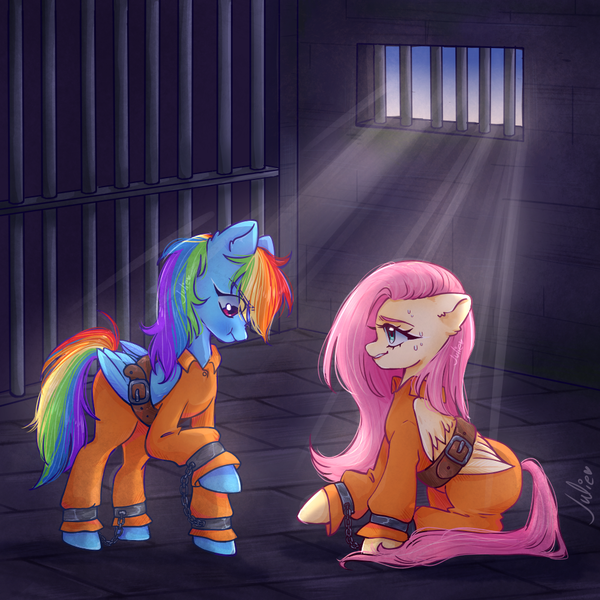 Size: 1000x1000 | Tagged: safe, artist:julieee3e, derpibooru import, fluttershy, rainbow dash, pegasus, pony, bound wings, clothes, cuffed, duo, female, g4, image, jail, jail cell, jumpsuit, mare, never doubt rainbowdash69's involvement, png, prison, prison cell, prison outfit, prisoner, prisoner ft, prisoner rd, wings