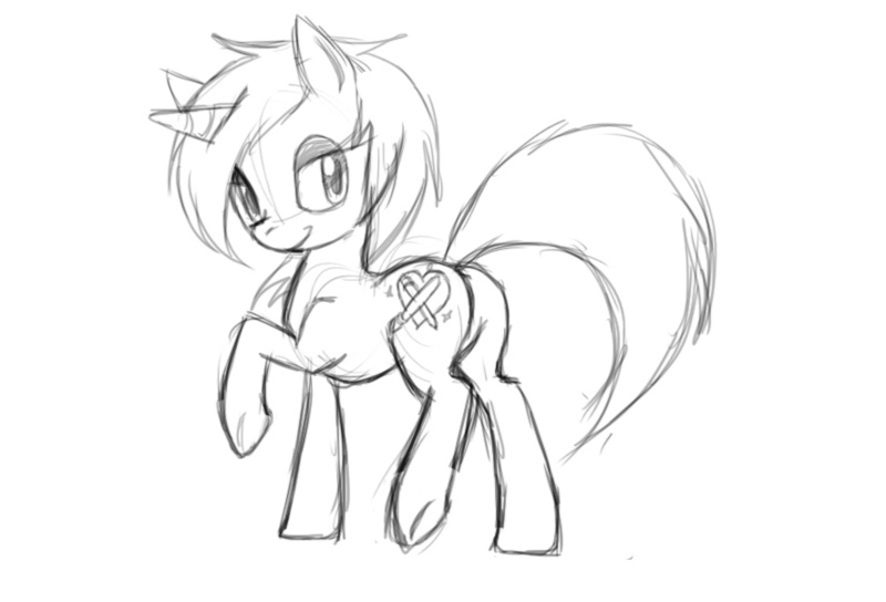 Size: 886x602 | Tagged: safe, artist:angelofhapiness, derpibooru import, oc, unofficial characters only, pony, unicorn, butt, horn, image, jpeg, looking back, monochrome, plot, raised hoof, sketch, smiling, solo, unicorn oc