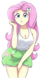 Size: 1228x2283 | Tagged: suggestive, artist:sumin6301, derpibooru import, fluttershy, human, equestria girls, breasts, busty fluttershy, butterfly hairpin, cleavage, clothes, cute, eyeshadow, fluttershy's skirt, g4, hairclip, image, jpeg, legs, legs together, makeup, pink background, shirt, shyabetes, simple background, skirt, sleeveless, sleeveless shirt, solo, thighs