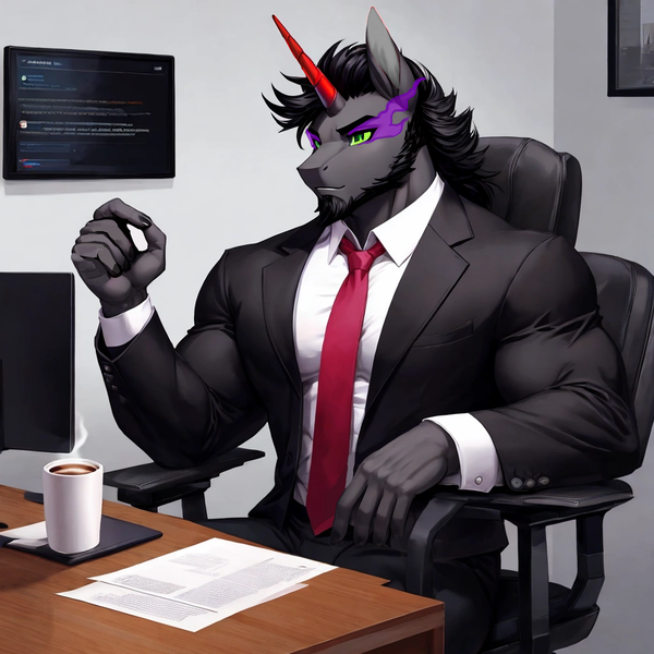 Size: 1024x1024 | Tagged: safe, ai content, derpibooru import, machine learning generated, stable diffusion, king sombra, anthro, series:office ponies, beard, business suit, clothes, coffee, derpibooru exclusive, facial hair, g4, image, king sombara, male, muscles, muscular male, necktie, png, prompter:professordoctorc