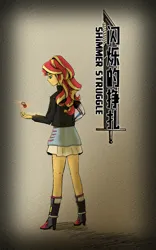 Size: 1200x1920 | Tagged: safe, artist:brella, derpibooru import, sunset shimmer, human, equestria girls, chinese text, cover, english, g4, geode of empathy, image, magical geodes, moon runes, png, sword, text, weapon