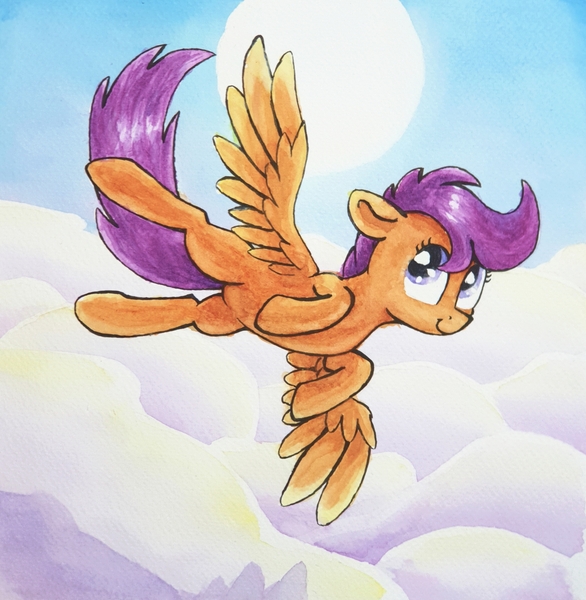 Size: 2600x2660 | Tagged: safe, artist:chevaleto, derpibooru import, scootaloo, pegasus, pony, cloud, cloudy, derpibooru exclusive, female, filly, flying, foal, g4, image, jpeg, scootaloo can fly, solo, spread wings, sun, traditional art, watercolor painting, wings
