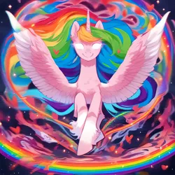 Size: 1142x1142 | Tagged: safe, ai content, derpibooru import, machine learning generated, prompter:barpy, stable diffusion, oc, oc:omnis, alicorn, pony, angel, aura, avalokitesvara, biblically accurate angels, bodhisattva, buddhism, caring, compassion, cosmic, dissolving, divine, do not be afraid, energetic, energy, estacy, eye, eyes, eyes do not belong there, floating hearts, fluffy, flying, genderless, generator:pony diffusion v6 xl, generator:purplesmart.ai, glow, glowing eyes, god, goddess, heart, high energy, image, kindness, looking at you, love, multicolored hair, multiple eyes, oneness, pink aura, pink fur, png, princess, psychedelic, queen, rainbow, rainbow hair, smiling, spiritual, spread wings, universe, warm smile, white eyes, wings