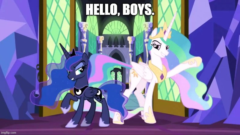 Size: 887x500 | Tagged: safe, derpibooru import, screencap, princess celestia, princess luna, between dark and dawn, caption, image, image macro, imgflip, jpeg, talking to viewer, text, twilight's castle