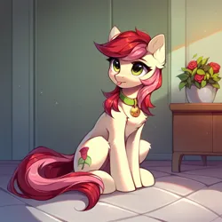 Size: 1024x1024 | Tagged: safe, ai content, derpibooru import, machine learning generated, prompter:doom9454, stable diffusion, roseluck, pony, collar, cute, flower, fluffy, generator:pony diffusion v6 xl, image, pet tag, png, pony pet, rose, rosepet, silly, sitting, tongue out