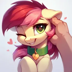 Size: 1024x1024 | Tagged: safe, ai content, derpibooru import, machine learning generated, prompter:doom9454, stable diffusion, roseluck, human, pony, collar, cute, fluffy, generator:pony diffusion v6 xl, hand, image, offscreen character, offscreen human, pet tag, petting, png, pony pet, rosepet